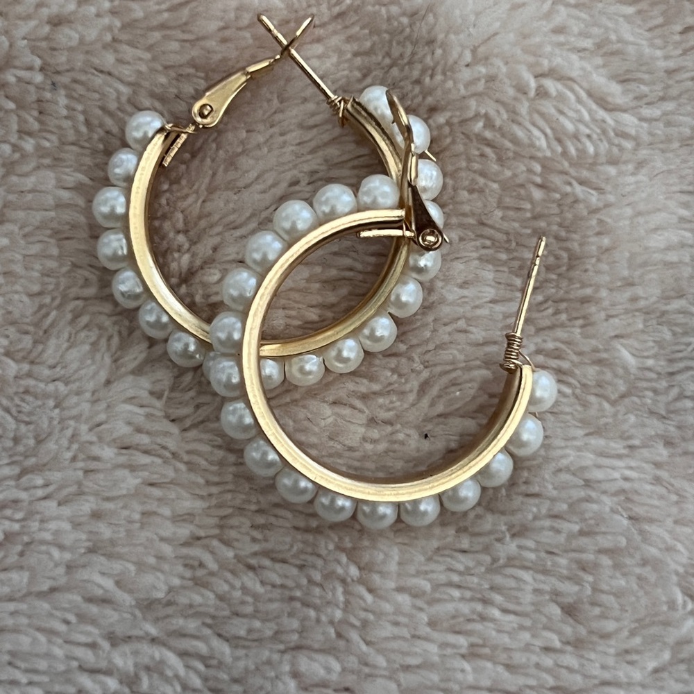 pearl studded gold huggies